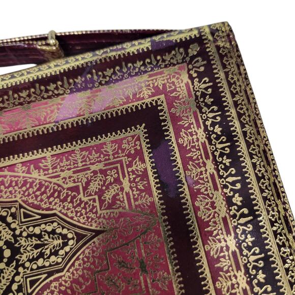 Vintage Embossed Leather Slim Bag Red Gold Gilding Italian Handbag Handle Small - Picture 12 of 16